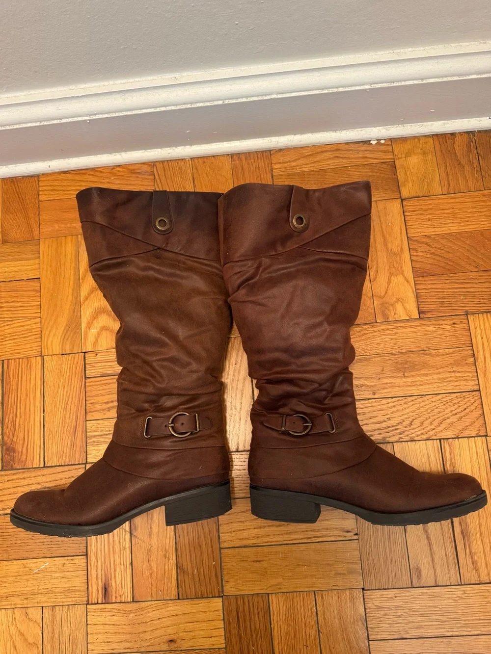 Baretraps Women's Brown Knee-High Buckle Boots